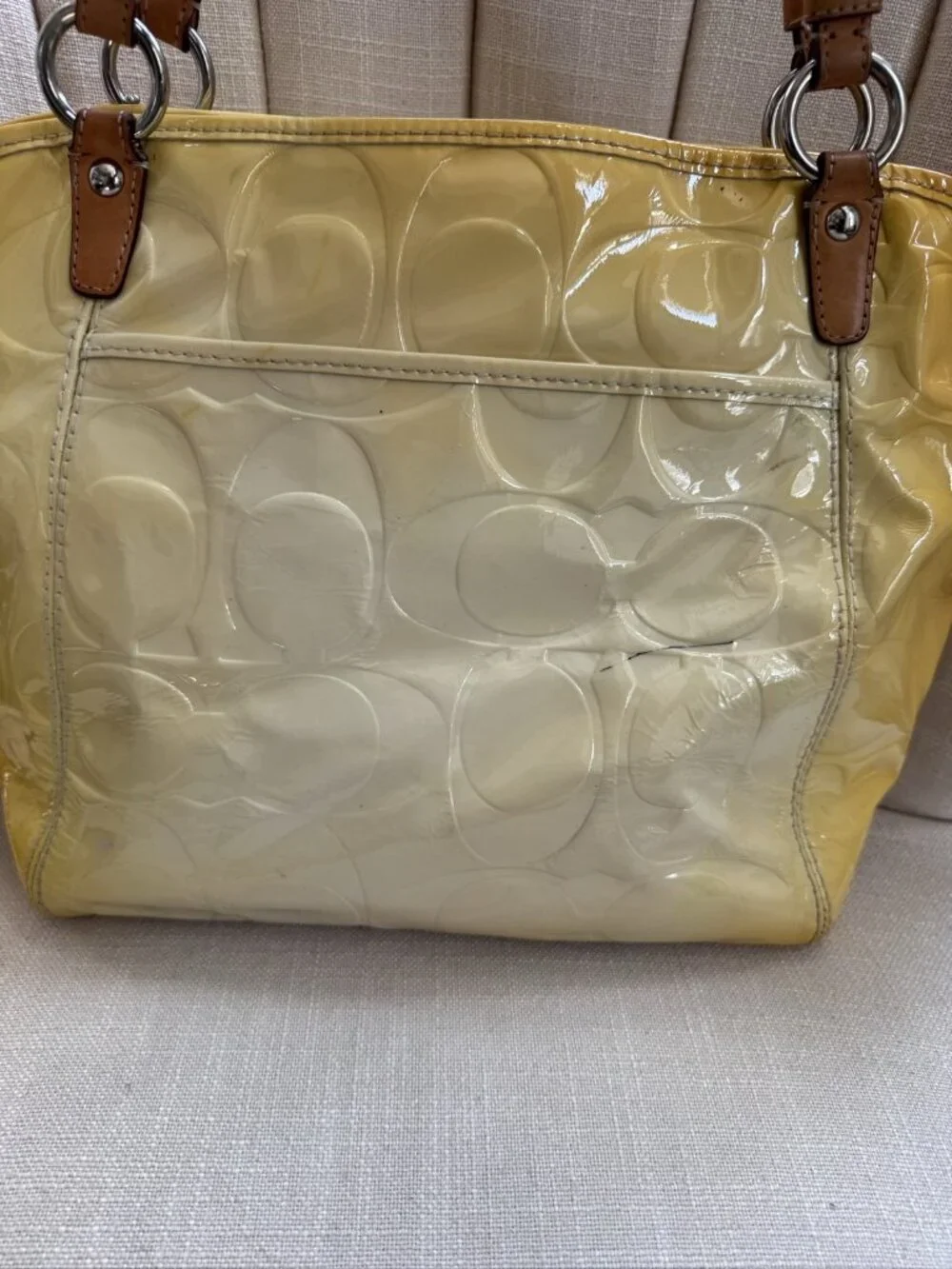 Coach Yellow Brown Leather Shoulder Bag Medium Patent Embossed Logo